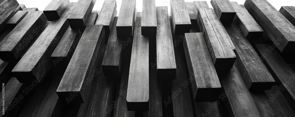 Fototapete Abstract grayscale image of stacked rectangular blocks, creating a textured, three dimensional effect. The blocks vary in height and create a sense of depth and visual interest.