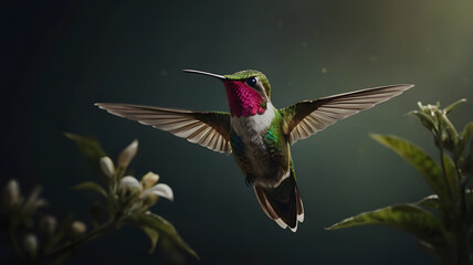 Fototapeta premium Hummingbird Flying Near Flowers with Vibrant Colors and Detailed Feathers