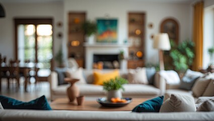 Cozy living room with plush furniture featuring cream and teal colors, warm wooden accents, and a blurred background highlighting a fireplace and artwork.