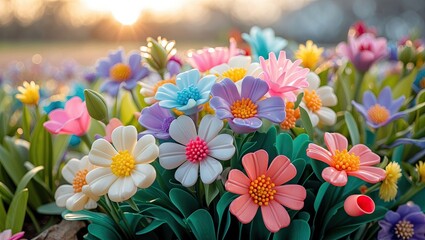 Vibrant artificial flowers in a colorful arrangement with pastel shades of pink, blue, and yellow against a soft morning light background.