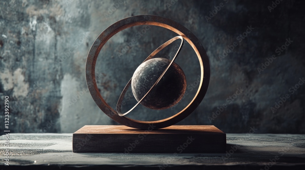 Aufkleber a three-dimensional sculpture featuring a sphere surrounded by a circular band