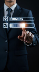  professional businessman touches a digital progress checklist symbolizes task management  futuristic digital interface for task management and progress tracking."  2. "Businessman using an innovative