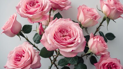 Delicate pink roses with lush green leaves arranged beautifully on a soft white background creating a serene and elegant floral composition.