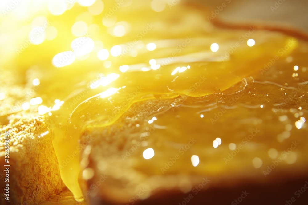 Poster a close-up view of a slice of bread covered in honey, perfect for use in food-related illustrations 