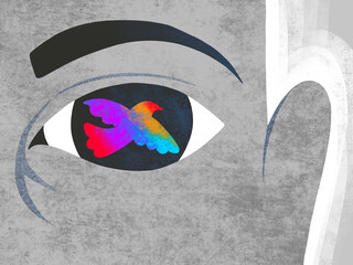 Colorful bird reflection in an eye symbolizes freedom and imagination