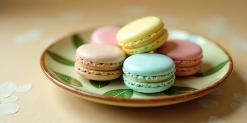 Obraz premium A delightful assortment of pastel-colored macarons rests elegantly on a leaf-patterned plate, creating a visually appealing and appetizing still life.