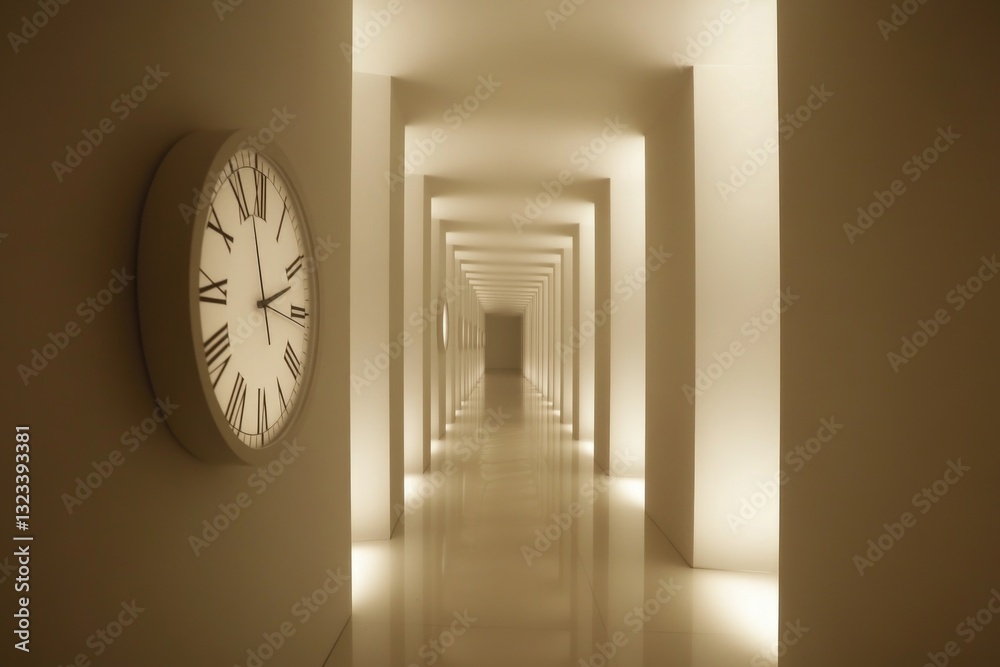 Poster a clock on the wall in a hallway setting
