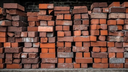 Fototapeta premium Sturdy red and brown bricks stacked tightly in a neat backdrop with a textured surface, creating a rustic and industrial aesthetic.