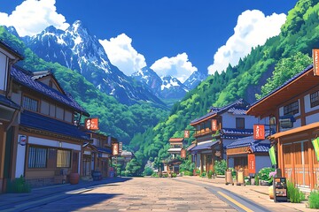 Japanese village street scene, showcasing mountain view, offering travel/tourism imagery