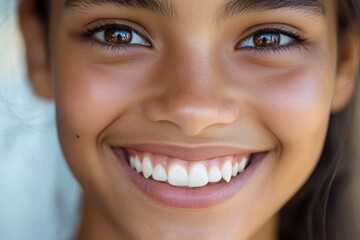 Obraz premium A woman with brown eyes and a smile on her face. She has a lot of white teeth and a nice smile