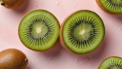 Fototapeta premium Fresh kiwi fruit halved on a soft pink pastel backdrop with a textured surface showcasing vibrant green flesh and brown skin arranged artfully.