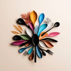 Colorful Utensils Arrangement in Unique Pattern on Neutral Background