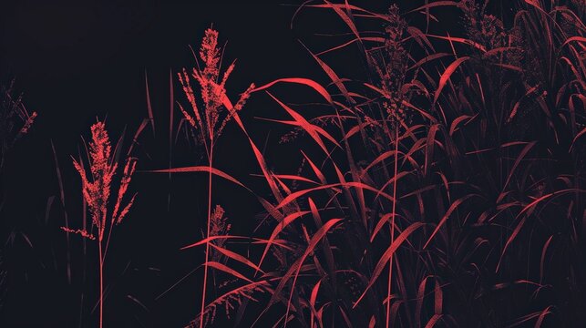 Bold red grass silhouettes on a dark background