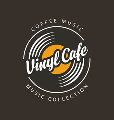 Vector menu or banner for music cafe with old vinyl record with inscription coffee music on dark background in vintage style. Music collection