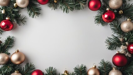 Christmas wreath featuring red and gold ornaments on a white background, arranged in a circular frame with green pine foliage and ample copy space.