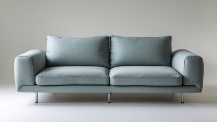Modern light blue sofa with two back cushions, positioned centrally against a neutral pale wall, featuring sleek metal legs and minimalistic design.