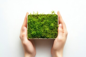 A person is holding a small plant in their hand. The plant is covered in moss and he is a small, square-shaped object. Concept of care and nurturing