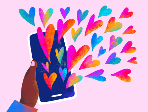 Colorful hearts symbolize love from a phone