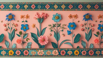 Mughal art floral design with vintage botanical flowers in pink and pastel green background featuring intricate ethnic border and vibrant motifs.