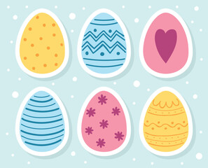Colourful Easter eggs set. Stickers in cartoon style. Vector illustration