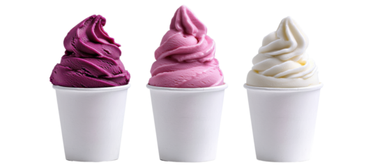 Assorted pink soft serve ice cream in cups 