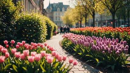Picturesque urban path with blooming tulips and lush greenery