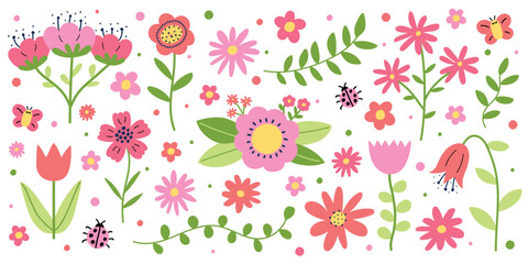 Colourful spring flowers set. Icons in cartoon style. Vector illustration