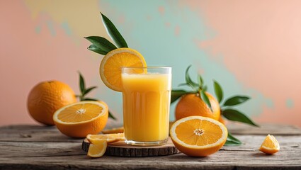 Naklejka premium Freshly squeezed orange juice in a clear glass on a wooden surface, surrounded by whole and sliced oranges with green leaves, soft pastel background.