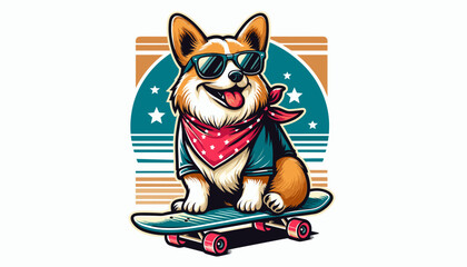 Cute corgi wearing sunglasses riding a skateboard.