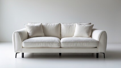 Elegant modern white suede sofa with plush cushions centered on a minimalistic white background showcasing clean lines and contemporary design.