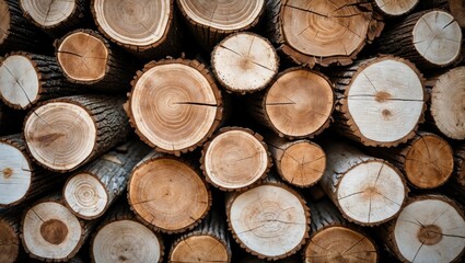 Top view of natural wooden sawn logs arranged in a circular pattern with light brown and dark brown accents providing a textured background with ample copy space