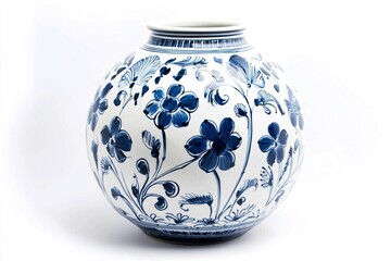 This hand-painted delft blue ceramic piece features intricate patterns, highlighting traditional artistry and craftsmanship against a crisp white backdrop.