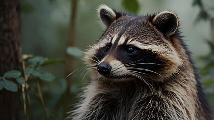 Obraz premium Raccoon Looking Outward in Forest Setting Close Up Wildlife Portrait