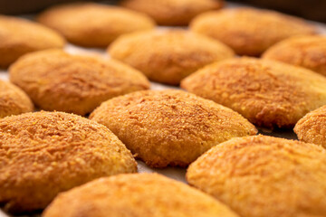Cottage cheese pancakes on a baking sheet.Dessert.Syrniki