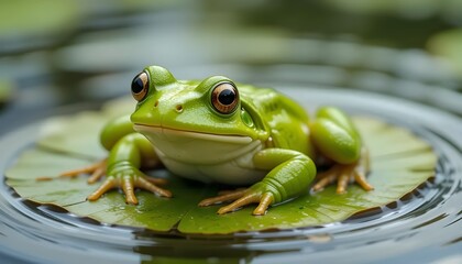 Green frog resting on lily pad in calm water