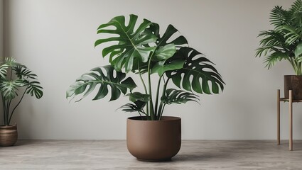 Obraz premium Monstera adansonii in a large brown pot, positioned center with green leaves, complemented by a minimalistic beige background and decorative plants nearby.