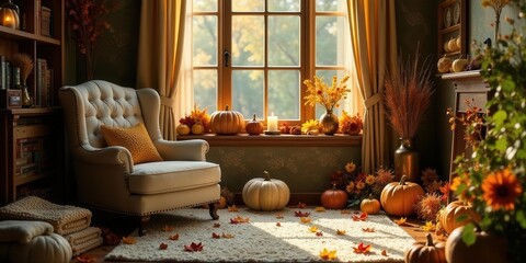 Autumnal Interior Decor Cozy Armchair, Sunlit Window, and Festive Gourds Create a Warm and Inviting Atmosphere