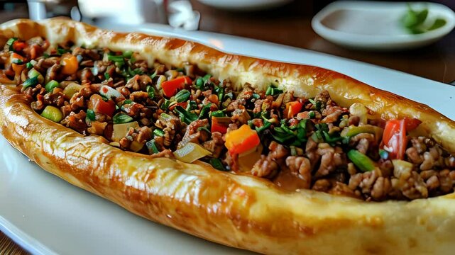 video of serving of traditional Turkish pide with minced lamb and vegetables in Turkey