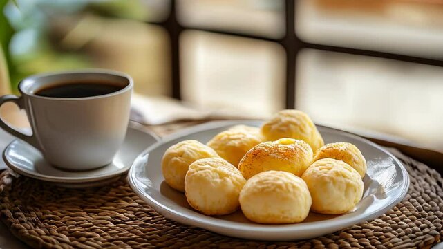video of serving of p&atilde;o de queijo accompanied by a small cup of coffee in Brazil.