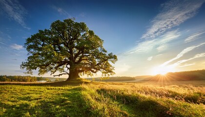 Fototapeta premium summer or autumn nature background big old oak tree against sunlight
