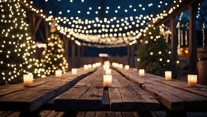 Obraz premium Rustic wooden table adorned with glowing candles and surrounded by vibrant Christmas lights at night with a cozy warm ambiance.