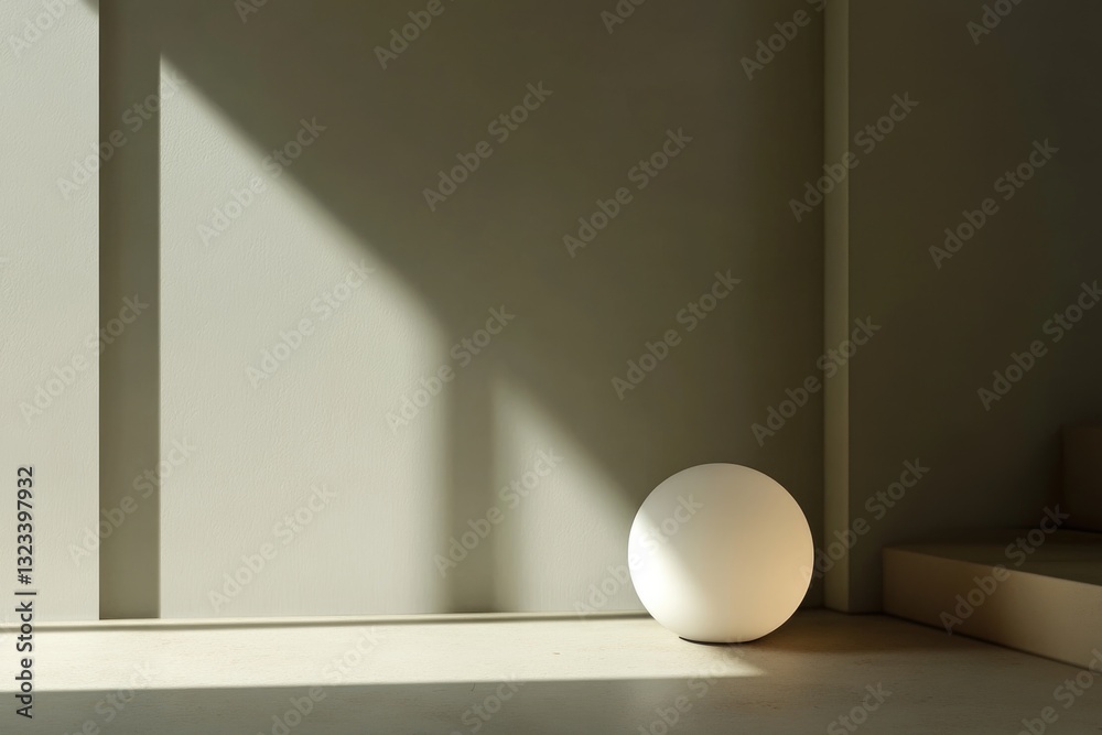 Poster A white ball sits on the floor next to a window, possibly used as a decorative item or part of a game