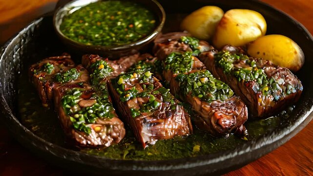 video of hot plate of asado served with chimichurri on the side in Argentina	