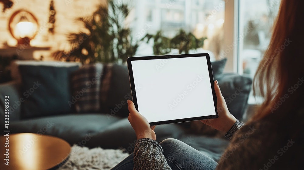Poster A person sitting on a couch using a tablet computer