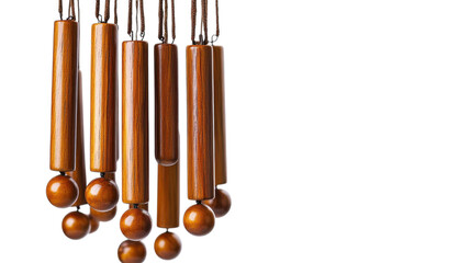 Beautiful wooden wind chimes swaying gently in a soft breeze under bright sunlight