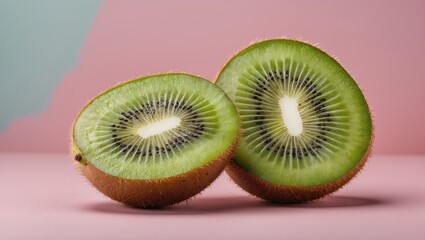 Fresh kiwi fruit halved on soft pastel pink and blue backdrop with smooth textures highlighting vibrant green and brown colors.
