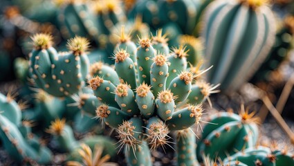Obraz premium Close-up of vibrant green cactus with yellow spines in focus amidst a soft blurred background of various succulent plants and textures.