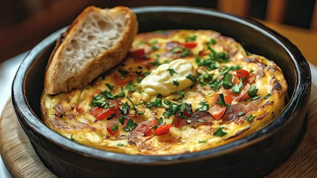 video of classic Spanish tortilla served with aioli and crusty bread, displayed on a banner
