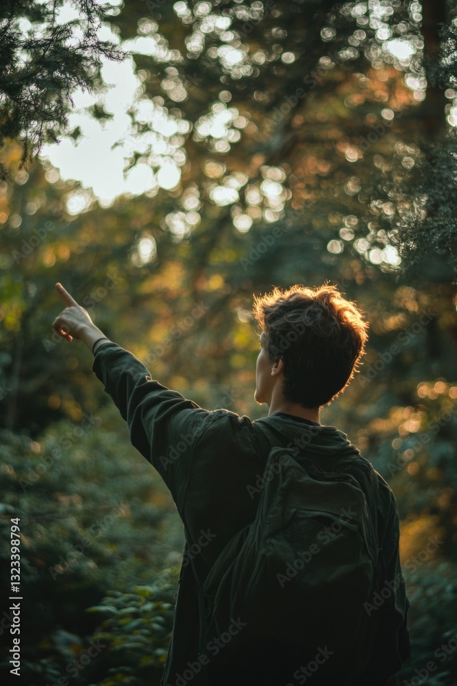 Poster A person is pointing to an object or landmark in a dense forest, possibly indicating its location or importance
