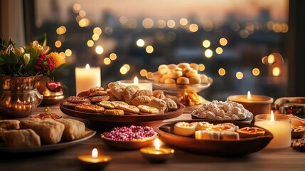 Fototapeta premium Festive Table Display with Delicious Sweets and Candles at Sunset